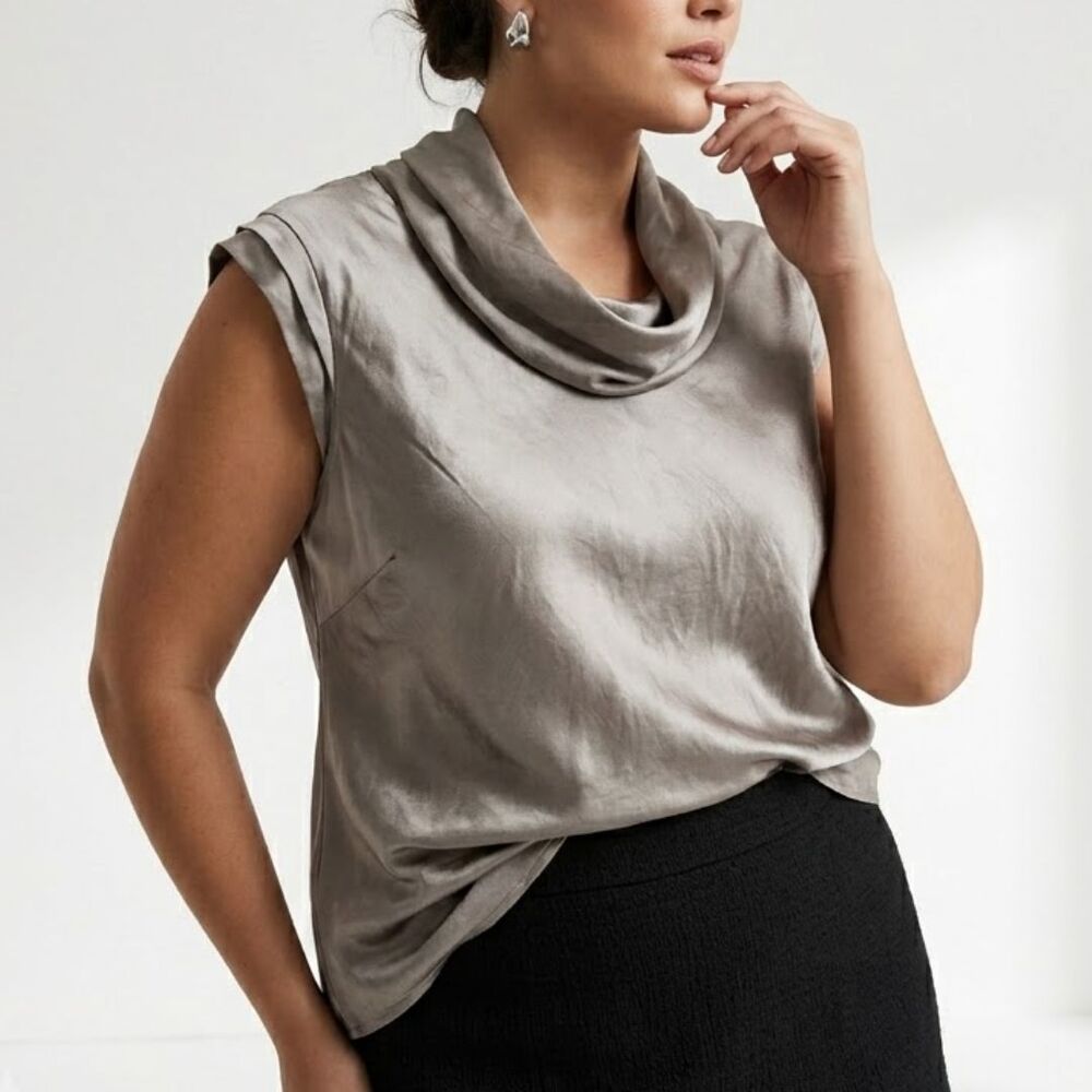 Banana Republic 100% Silk Cowl Neck Blouse XL Metallic Pewter Gold Sleeveless
